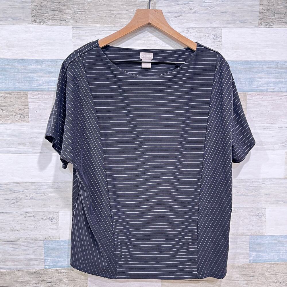 Chicos Pinstripe Ponte Knit Tee Black Gray Boatneck Lyocell Womens Large 2
